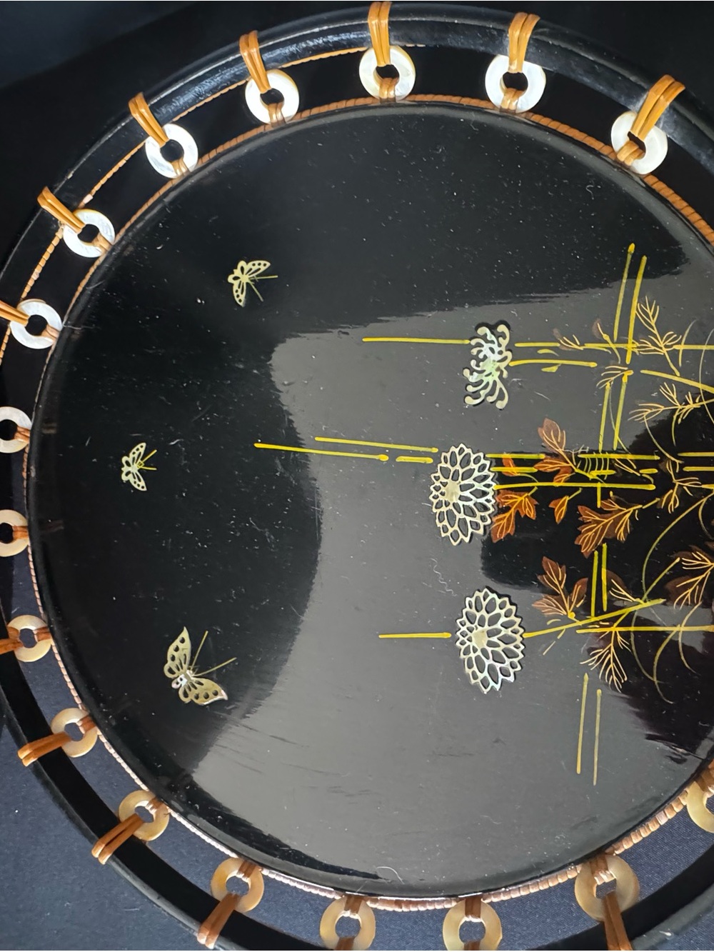 Vintage Japanese Black Lacquer Tray Butterflies Flowers